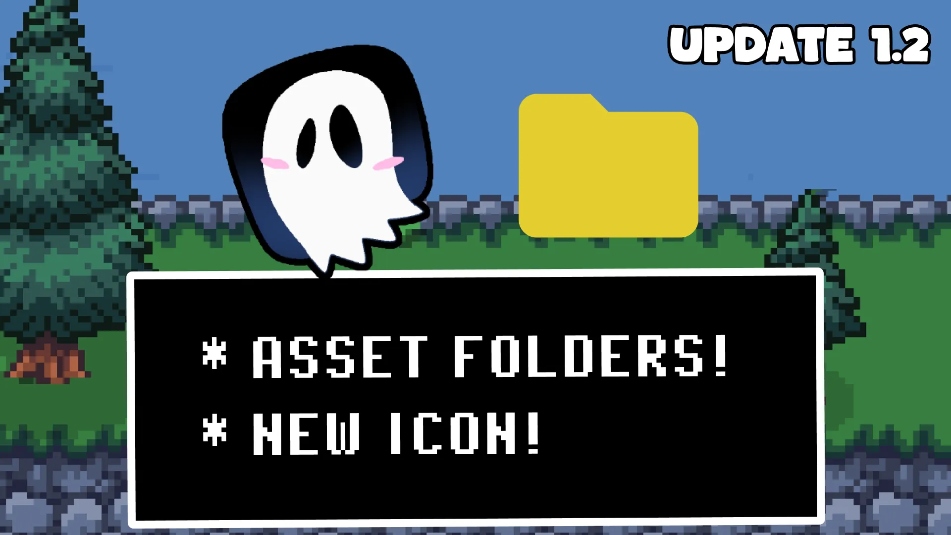 The new PS Maker ghost icon beside a yellow folder, with text announcing asset folders and a new icon.