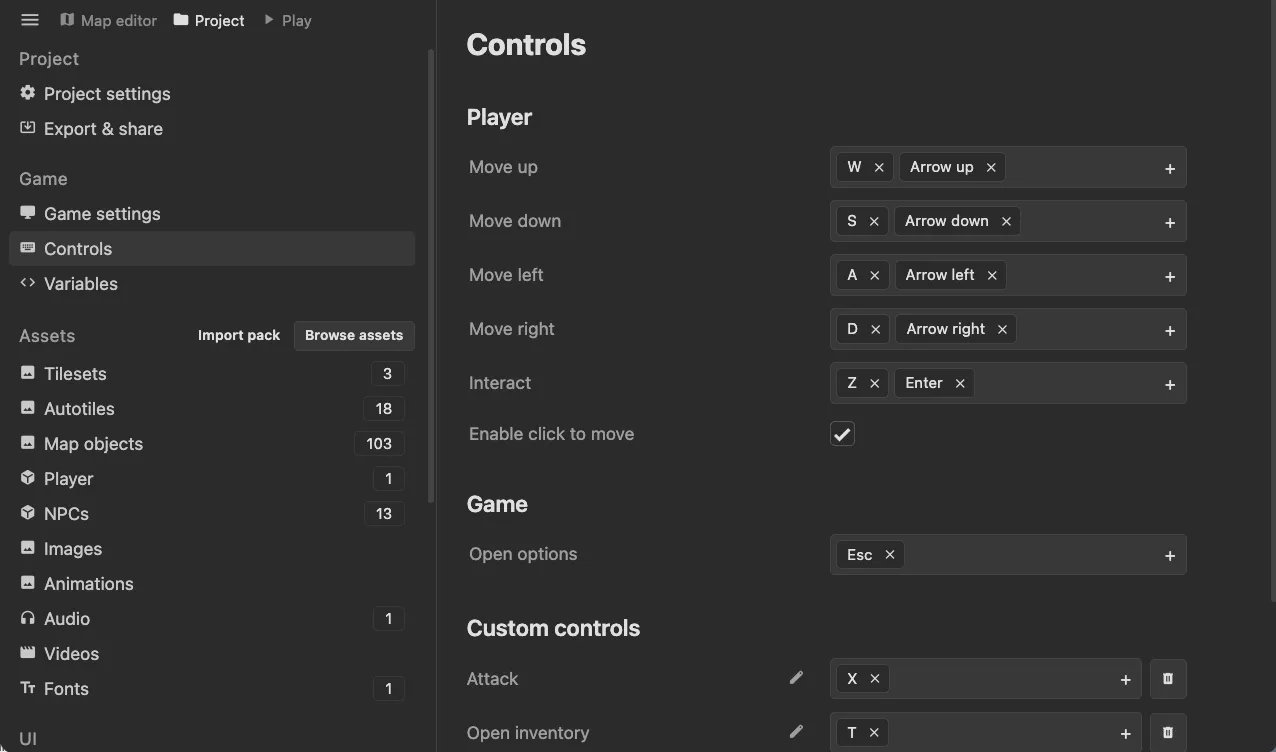 Controls settings with key bindings for player movement, interaction, and custom actions.