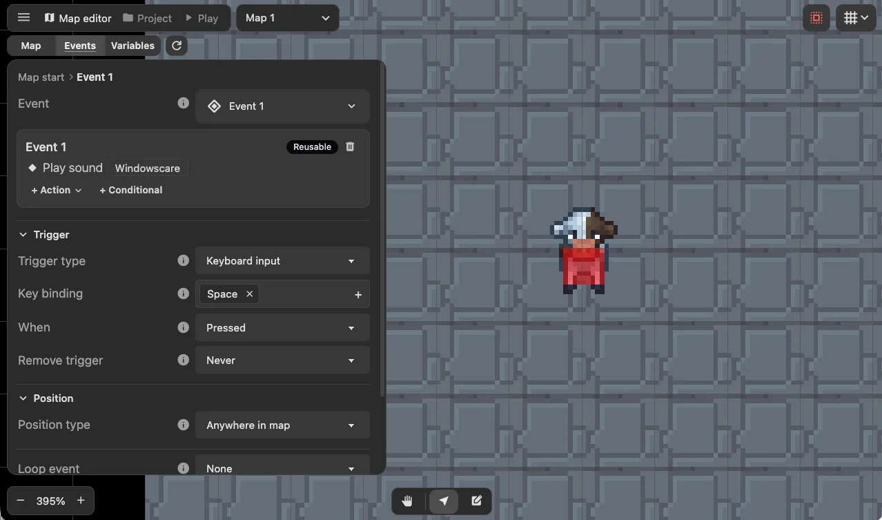 Event trigger configured to run when the Space key is pressed.