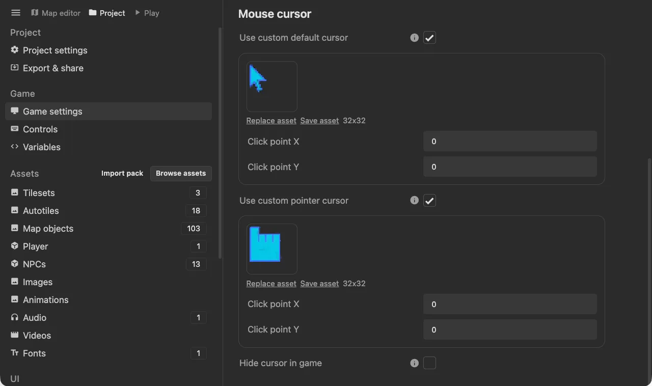 Mouse cursor settings with custom default and pointer cursors and adjustable click points.